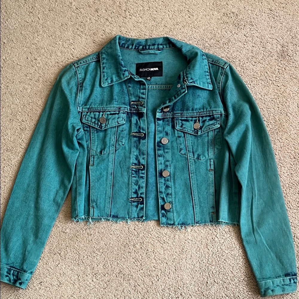 Fashion Nova Teal Cropped Denim Jacket with Raw Hem